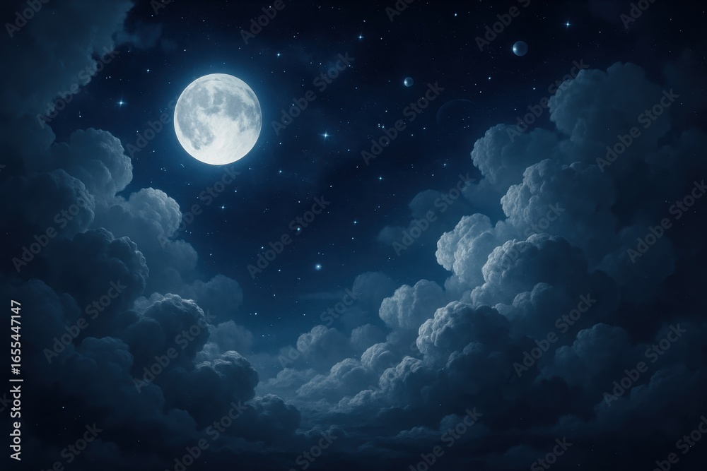 Fototapeta premium Ethereal cumulus formations illuminated by moonlight with celestial bodies visible through gaps in cloud cover