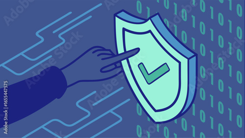 Approved Security Shield with Hand Pointer and Binary Code.