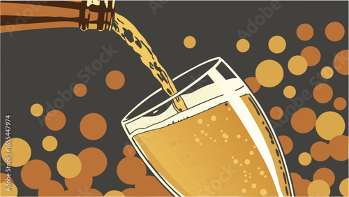 Beer Pouring into Glass with Bubbles Illustration.
