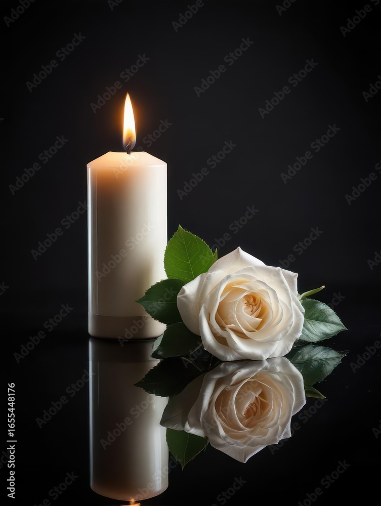 Fototapeta premium Funeral candle and white rose on black background with empty space for sympathy card