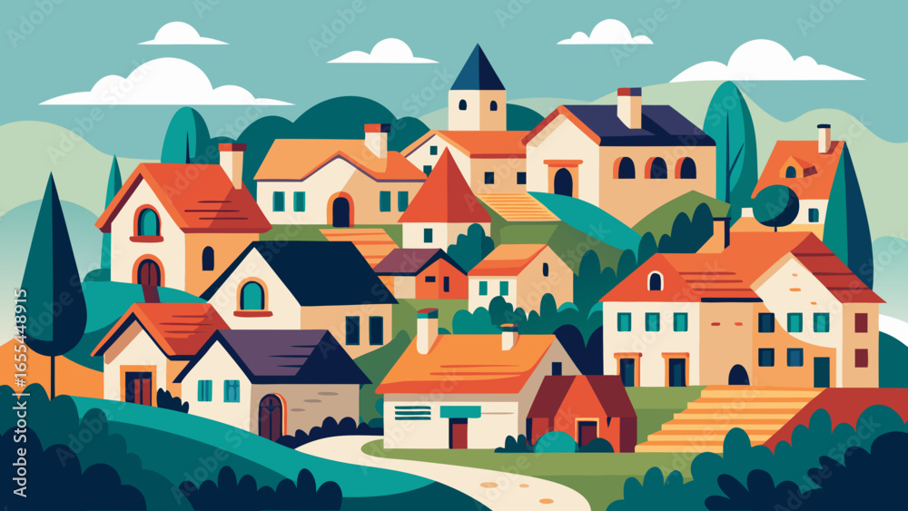 custom made wallpaper toronto digitalCharming european village nestled in rolling green hills under a blue sky