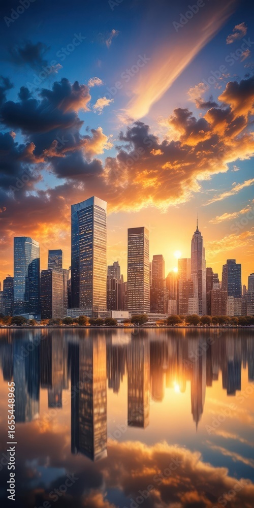 Obraz premium Sleek modern cityscape at sunset