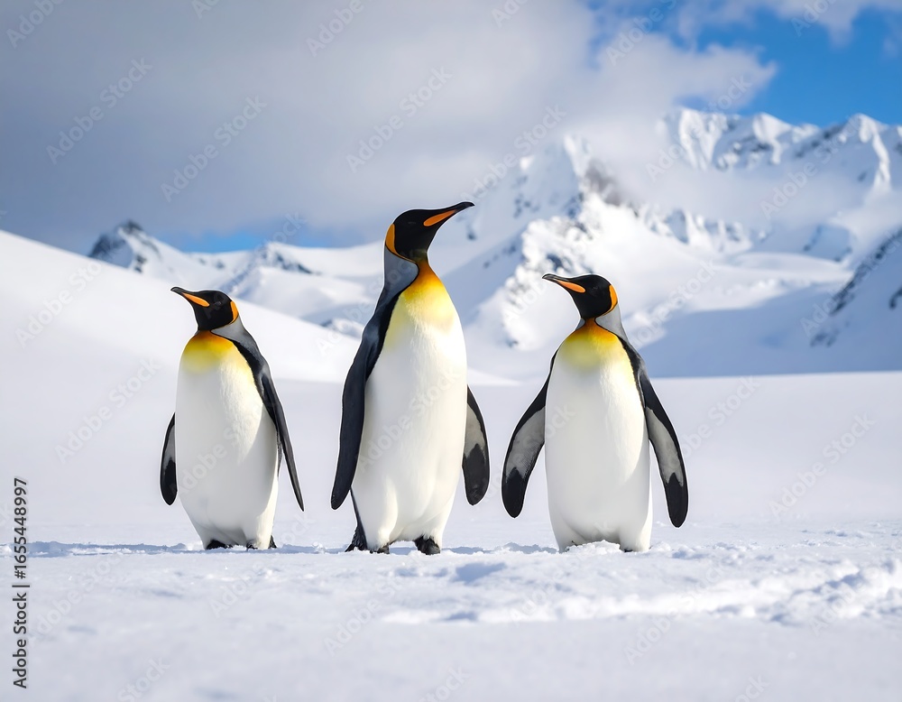 Fototapeta premium Three penguins on snowy landscape