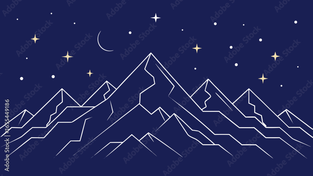 Naklejka premium Stylized mountain range under a starry night sky with crescent moon
