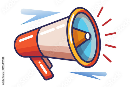 Stylized megaphone emitting sound waves and red lines