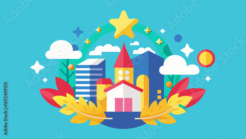Whimsical flat design cityscape with star and clouds