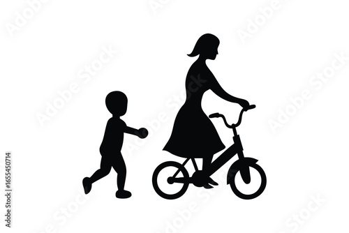 Mother riding bicycle with child walking silhouette isolated on white background