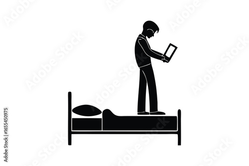 Man standing on bed with tablet silhouette isolated on white background