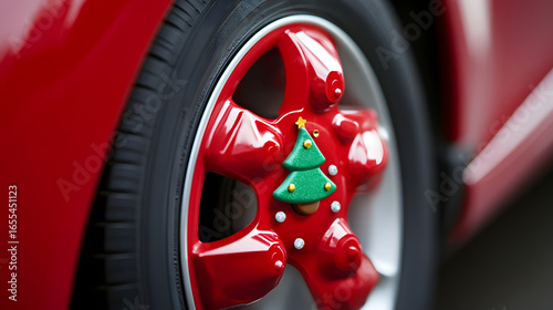 Close-up of a red vehicle's wheel with festive holiday-themed hubcap in snowy outdoor setting