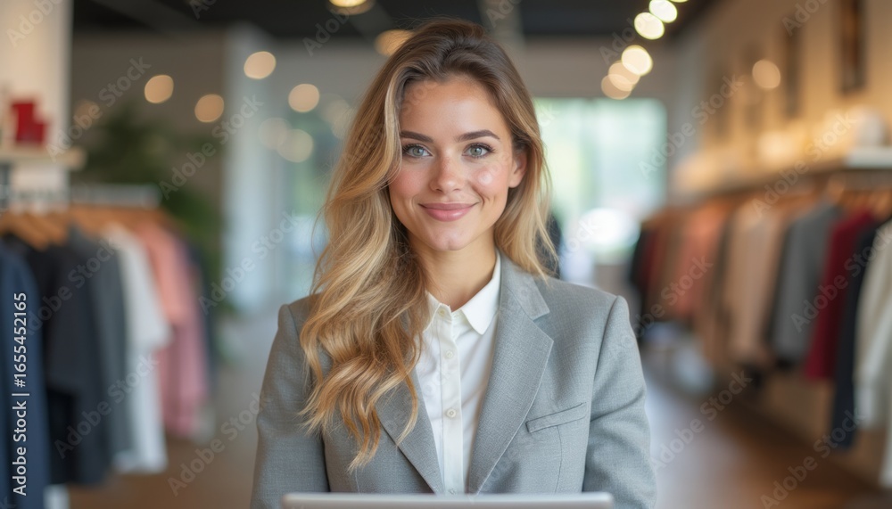 Confident woman smiling in a stylish clothing store