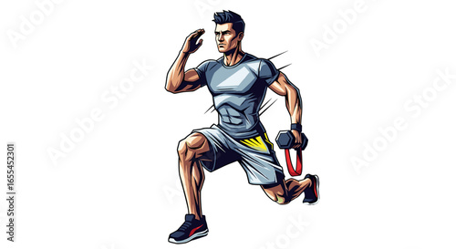 Man in athletic wear performing a lunge with a dumbbell and resistance band in his right hand exercise routine on transparent background