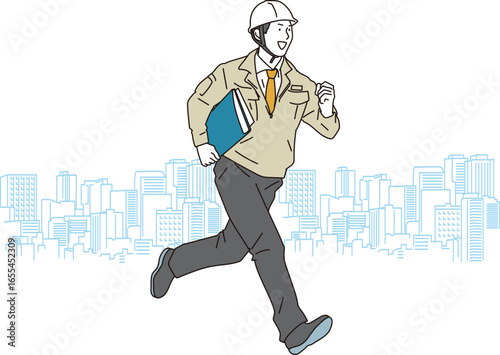 笑顔で走る作業服の男性イラスト