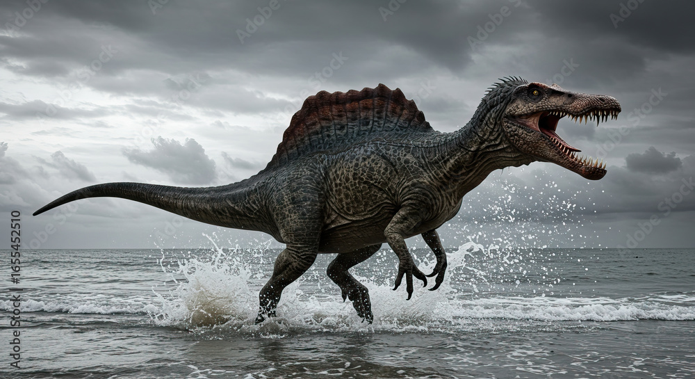 Fototapeta premium A Spinosaurus walking at the beach causing water splash