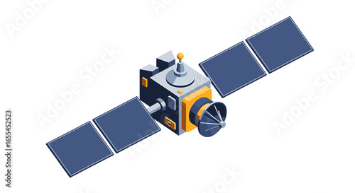 Isometric view of a satellite with solar panels and antenna orbiting in space for communication purposes on transparent background