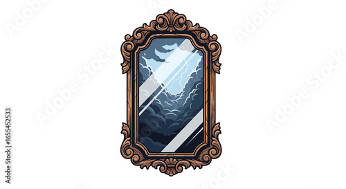 Ornate mirror reflecting a stormy sky with lightning strikes and dark clouds in a decorative frame design on transparent background