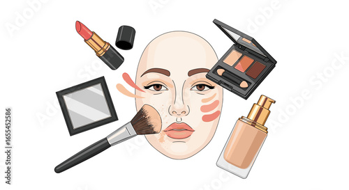 Illustration showing a face with makeup products like lipstick foundation eyeshadow and brush around it on transparent background