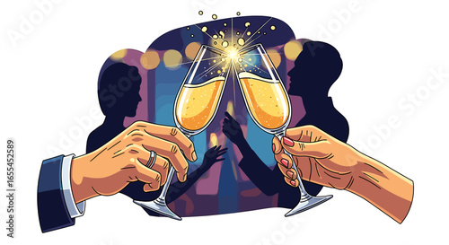 Illustration of hands toasting with champagne glasses at a celebration with silhouettes in background on transparent background