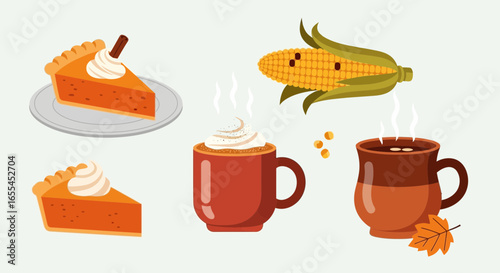 Fall Harvest Desserts and Drinks: Pumpkin Pie Slices, Steaming Hot Mugs, Ear of Corn, and Autumn Leaves Vector Set