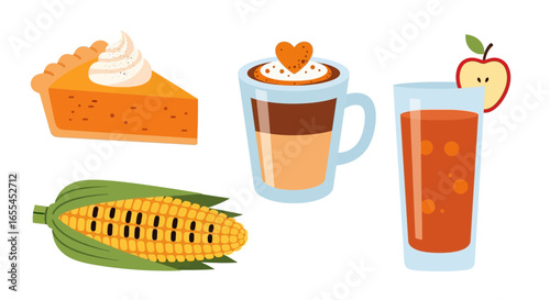 Autumn Comfort Food and Drinks: Pumpkin Pie Slice, Latte with Heart, Ear of Corn, and Apple Cider Glass Vector Graphics