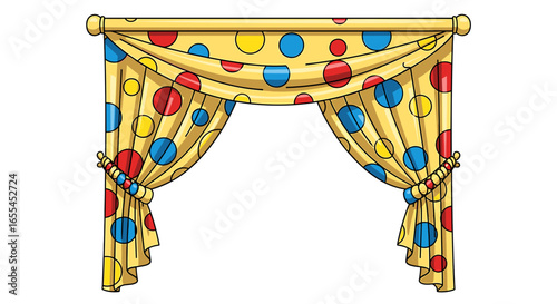Cartoon yellow curtains with red blue and yellow polka dots hanging from a rod with tie backs on white on transparent background