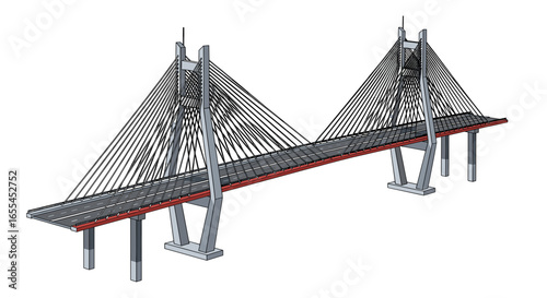 Illustration of a cable stayed bridge with two towers and multiple support pillars on a white background on transparent background