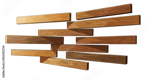 Arrangement of multiple brown wooden planks stacked horizontally with varying lengths and slight overlaps on transparent background