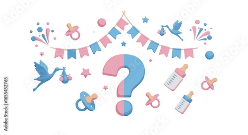 A baby gender reveal party with a question mark, storks, bottles, pacifiers, and a banner decoration on transparent background