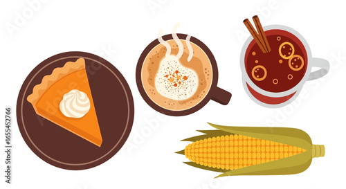Top View Autumn Harvest Food and Drink Set: Pumpkin Pie, Hot Coffee, Warm Cider, and Ear of Corn Flat Vector Illustration