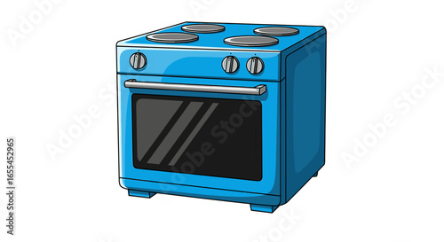 Illustration of a blue kitchen stove with four burners and an oven on a white background on transparent background