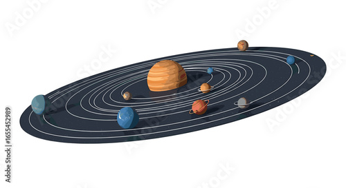 Illustration of the solar system with planets orbiting a central sun on a dark background with white lines on transparent background