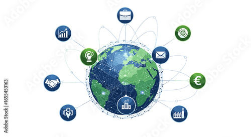 Global network connecting various business and industry icons around the world map illustration on transparent background
