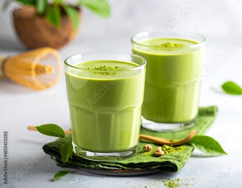 Two glasses of matcha smoothie