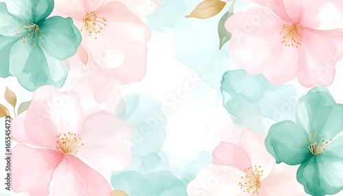 Watercolor Floral Background Pastel Pink Teal Flowers on White Space for Design.