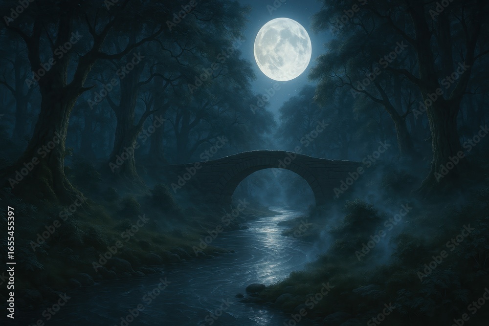 Fototapeta premium Mystical Moonlit Forest River with Ancient Stone Bridge and Ethereal Mist
