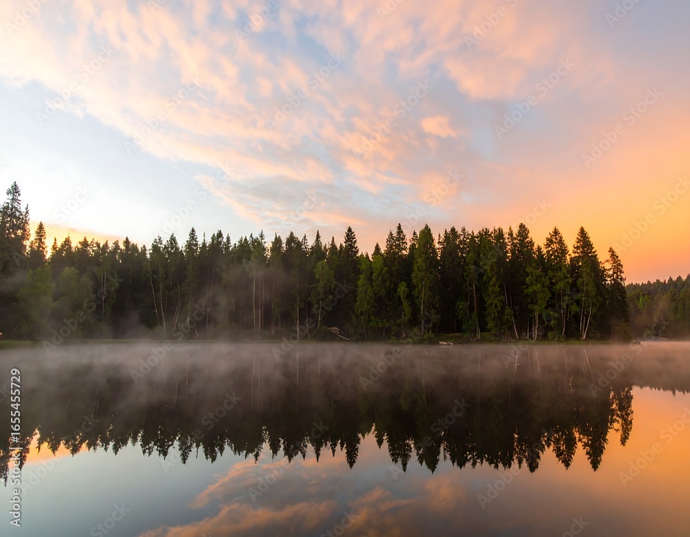 Fototapeta premium Sunrise over a misty lake, reflecting a forest