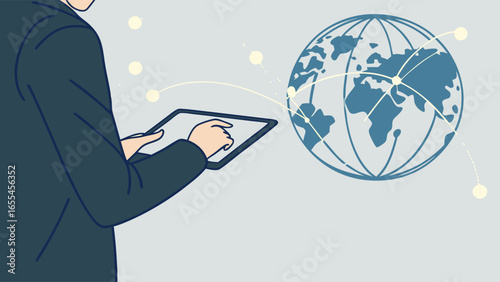 Businessman Using Tablet Connecting Global Network Illustration.