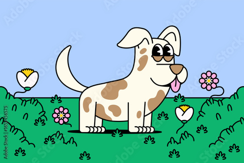 Cute cartoon style illustration vector of a spotted dog with big eyes, floppy ears, and its tongue sticking out. The dog is standing on green grass surrounded by bushes and colorful flowers