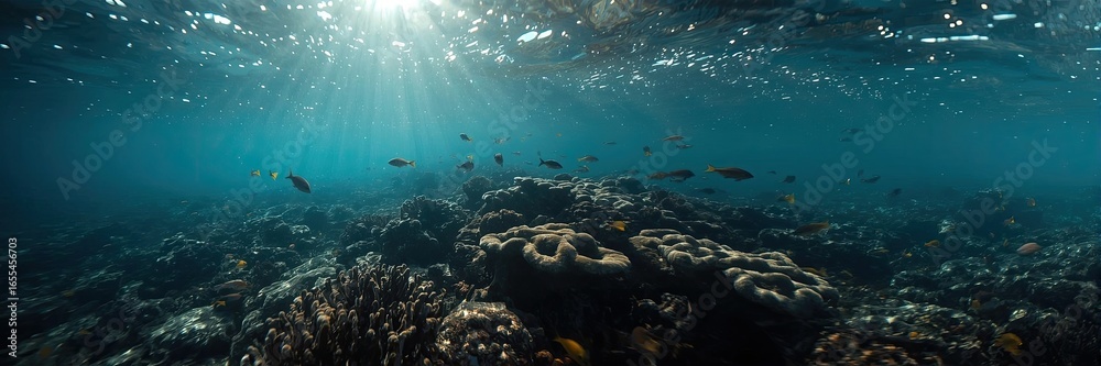 Fototapeta premium Underwater coral reef scene with sunlight penetrating the surface.
