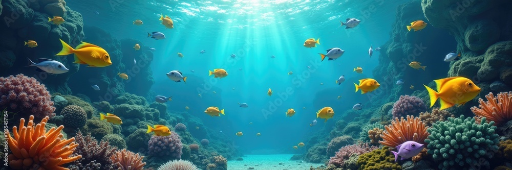 Fototapeta premium Vibrant coral reef teeming with colorful fish.