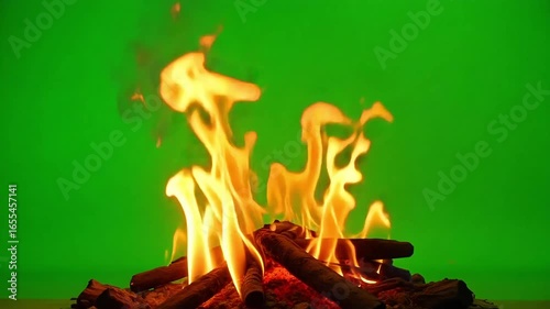 Dynamic campfire flames ignite, casting warm light against a vibrant green screen backdrop, perfect for visual effects and storytelling.