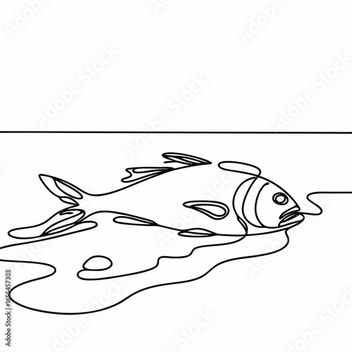 Line art illustration of a dead fish on the shore