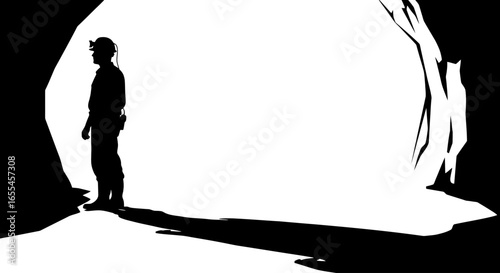 silhouette of a miner emerging from a dark cave representing exploration discovery and the uncharted future