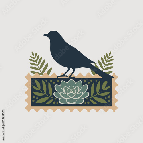 Serene rectangular stamp with navy bird silhouette perched on sage and olive succulent-fern frame with charcoal vintage postmark for botanical journaling