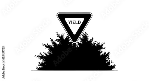 obscured yield sign illustrative silhouette of a yield sign partially hidden behind bush ideal for safety road or environmental concepts