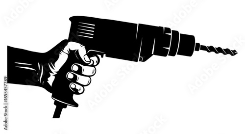 powerful hand holding electric drill highresolution black and white vector illustration for construction diy and industrial projects