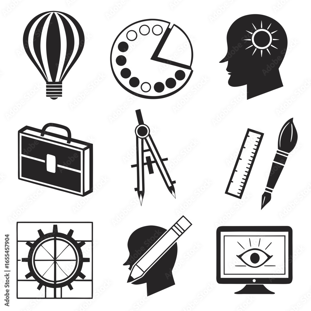 Fototapeta premium Collection of nine black and white icons representing business creativity innovation and education concepts