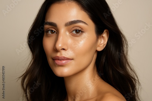 Radiant portrait of sophisticated Middle Eastern woman with glowing healthy skin and natural beauty