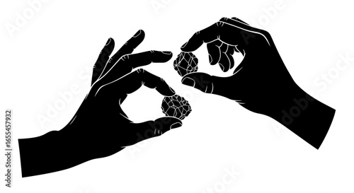 elegant black silhouette of hands gently holding small crystals perfect for wellness jewelry and minimalist designs