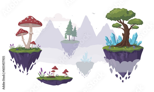 Illustration Of Floating Islands With Large Mushrooms And A Tree, Suitable For Fantasy Adventure Game Backgrounds