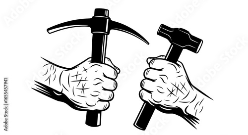 strong hands gripping pickaxe and hammer black and white vintage illustration for construction labor and hard work concepts